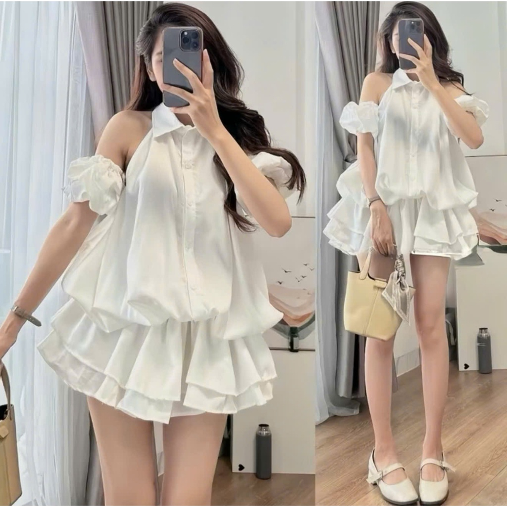 Váy tiểu thư kiểu sơ mi khoét vai bo eo dáng xòe set váy sát nách kèm tay bo rời chất thô hàn cao cấp V16-PANOSI