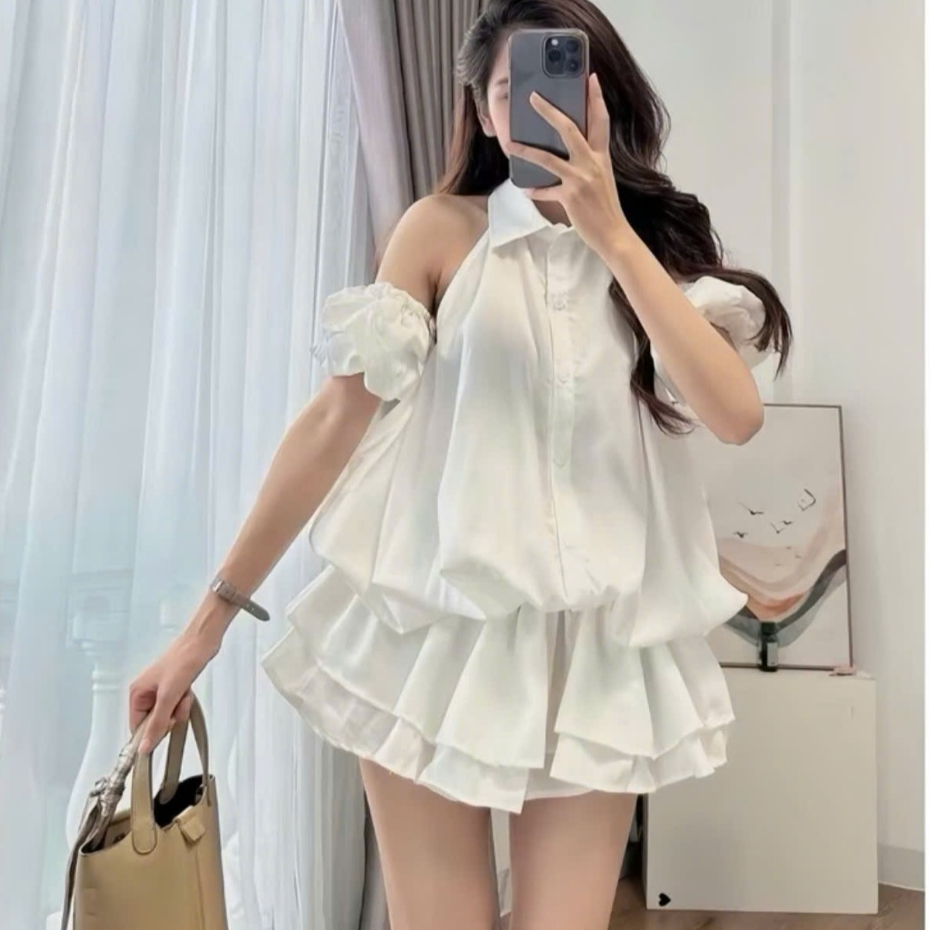 Váy tiểu thư kiểu sơ mi khoét vai bo eo dáng xòe set váy sát nách kèm tay bo rời chất thô hàn cao cấp V16-PANOSI