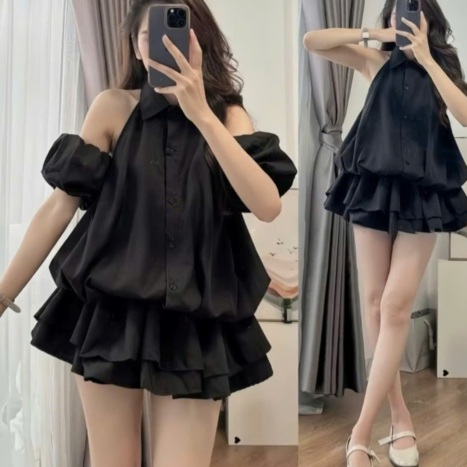 Váy tiểu thư kiểu sơ mi khoét vai bo eo dáng xòe set váy sát nách kèm tay bo rời chất thô hàn cao cấp V16-PANOSI