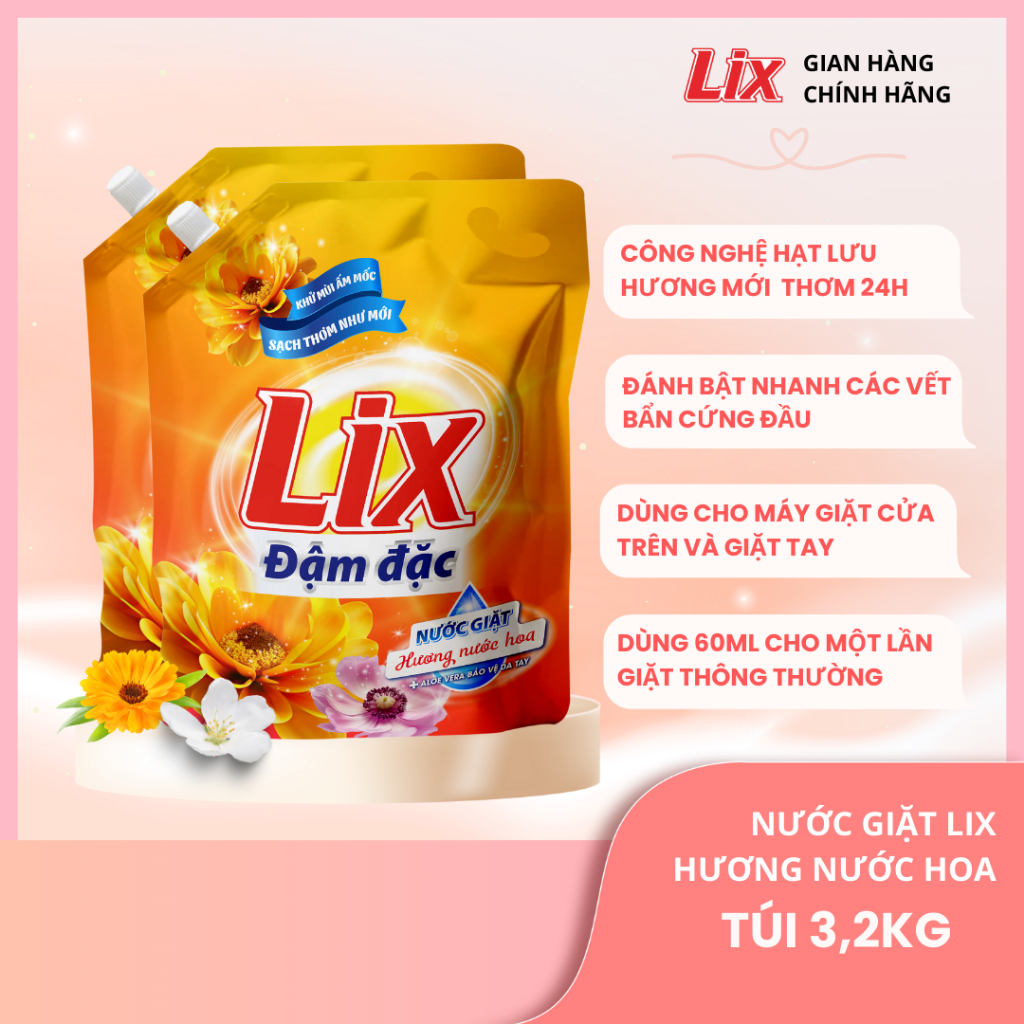 Ảnh Combo 2 túi nước giặt Lix đậm đặc hương nước hoa và hương hoa 3.2Kg thơm tho khử mùi nấm mốc, NGH47+NG003 Lixco Việt Nam 3