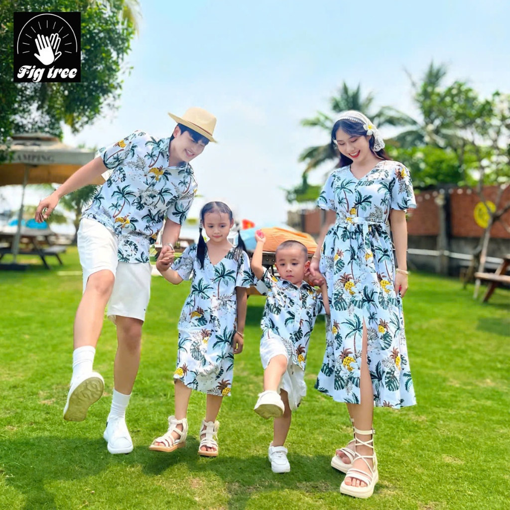 Sơ Mi Váy Gia Đình Fig Tree Họa Tiết Cây Dừa Đi Biển, Du Lịch, Chất Kate Thái, Nhiều Size Mã 181