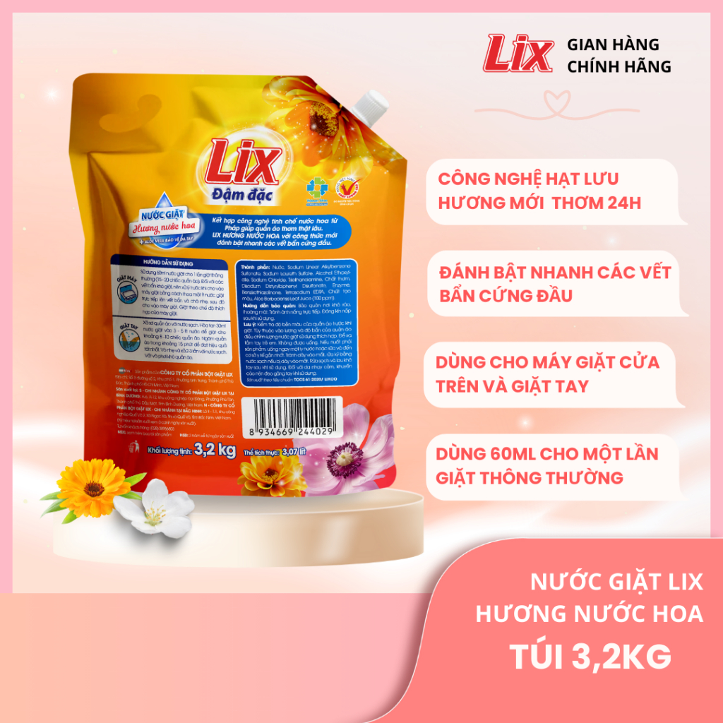 Ảnh Combo 2 Túi nước giặt Lix đậm dặc hương nước hoa 3.2Kg bảo vệ da tay sạch thơm như mới - 2C-NGH47 1