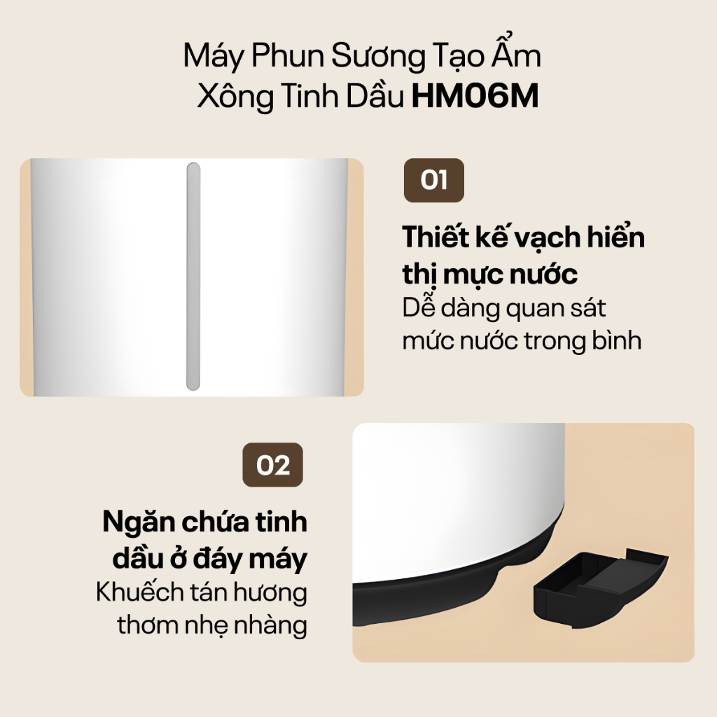 Máy xông tinh dầu Nhập Khẩu FUJIHOME HM06M, Máy phun sương tạo ẩm siêu âm có khay tinh dầu riêng
