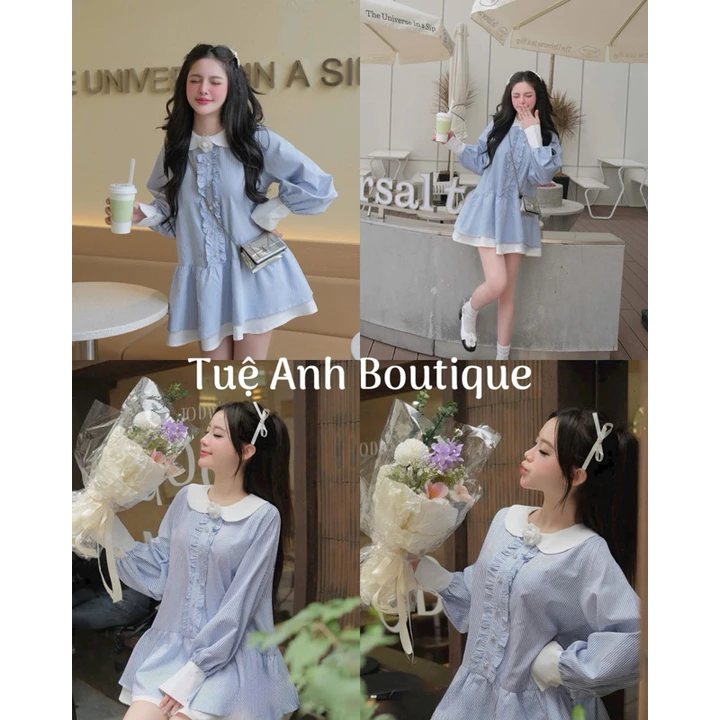 Áo váy - Váy Bầu - Váy Babydoll Kẻ Cổ Sen Trắng tay dài, thiết kế Bèo Ngực Khuy Ngọc Kèm Hoa (tang hoa rời)