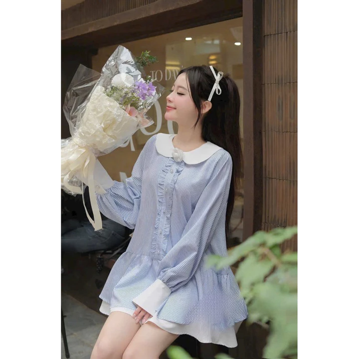 Áo váy - Váy Bầu - Váy Babydoll Kẻ Cổ Sen Trắng tay dài, thiết kế Bèo Ngực Khuy Ngọc Kèm Hoa (tang hoa rời)
