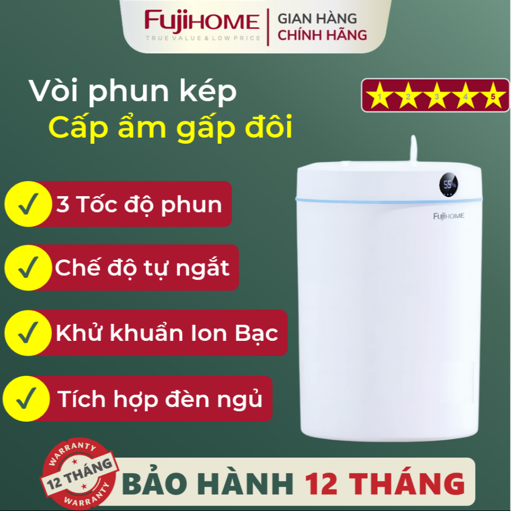 Máy phun sương tạo ẩm Nhập Khẩu FUJIHOME HM05B, Máy xông tinh dầu có màn hình Led hiển thị độ ẩm