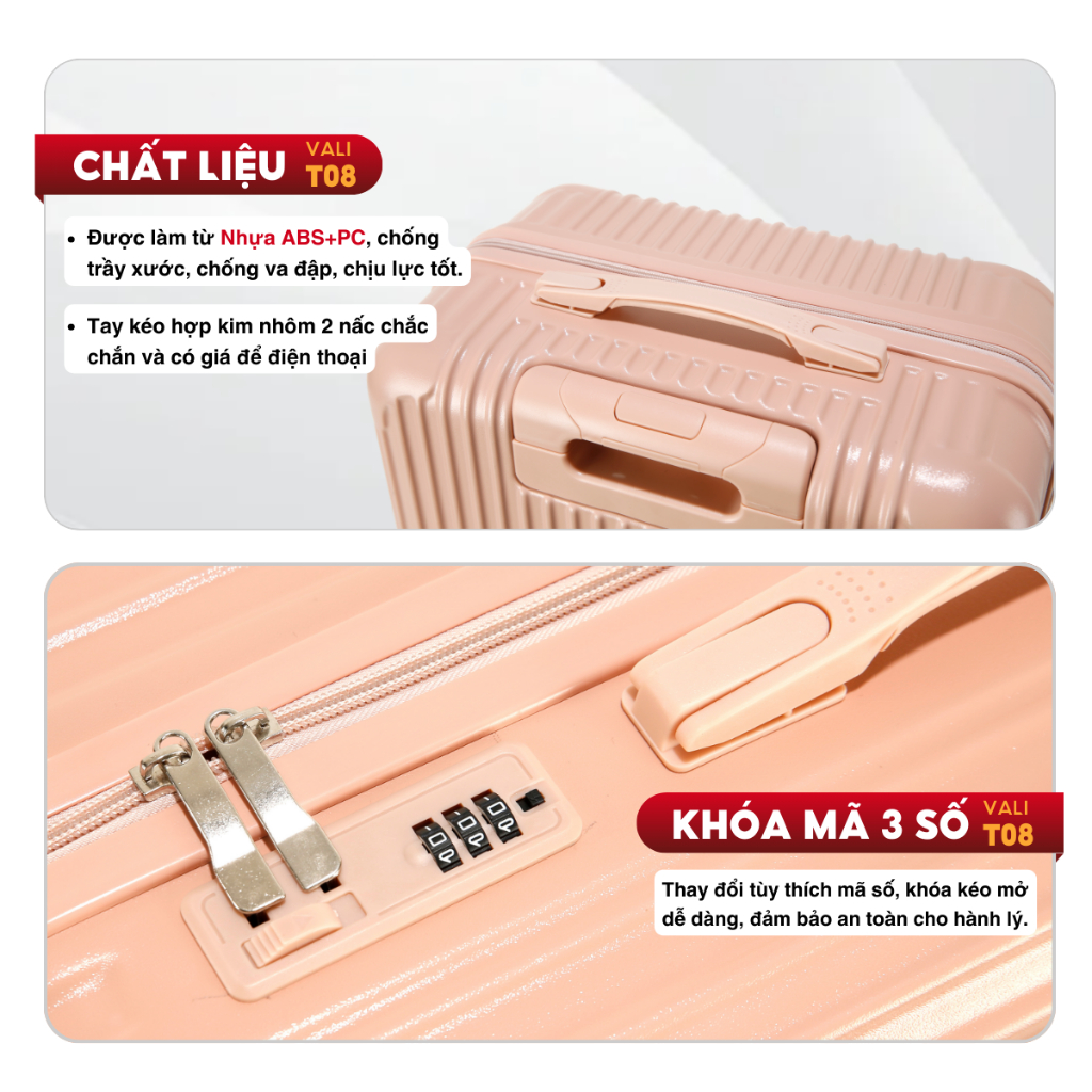 Vali Du Lịch Kingsun T08/T01 Size 20/24/28 Cao Cấp Thời Trang Chất Liệu Nhựa ABS ,BẢO HÀNH 5 NĂM