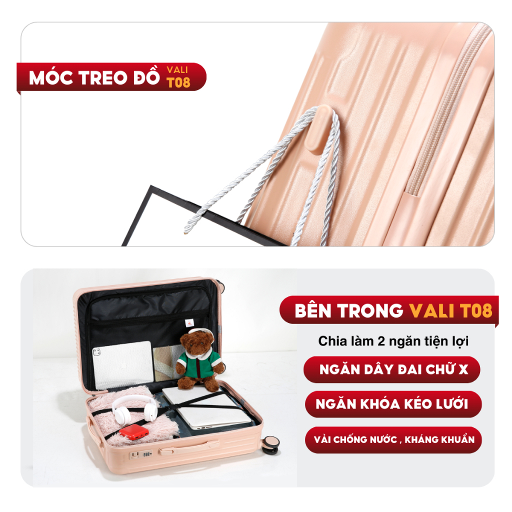 Vali Du Lịch Kingsun T08/T01 Size 20/24/28 Cao Cấp Thời Trang Chất Liệu Nhựa ABS ,BẢO HÀNH 5 NĂM