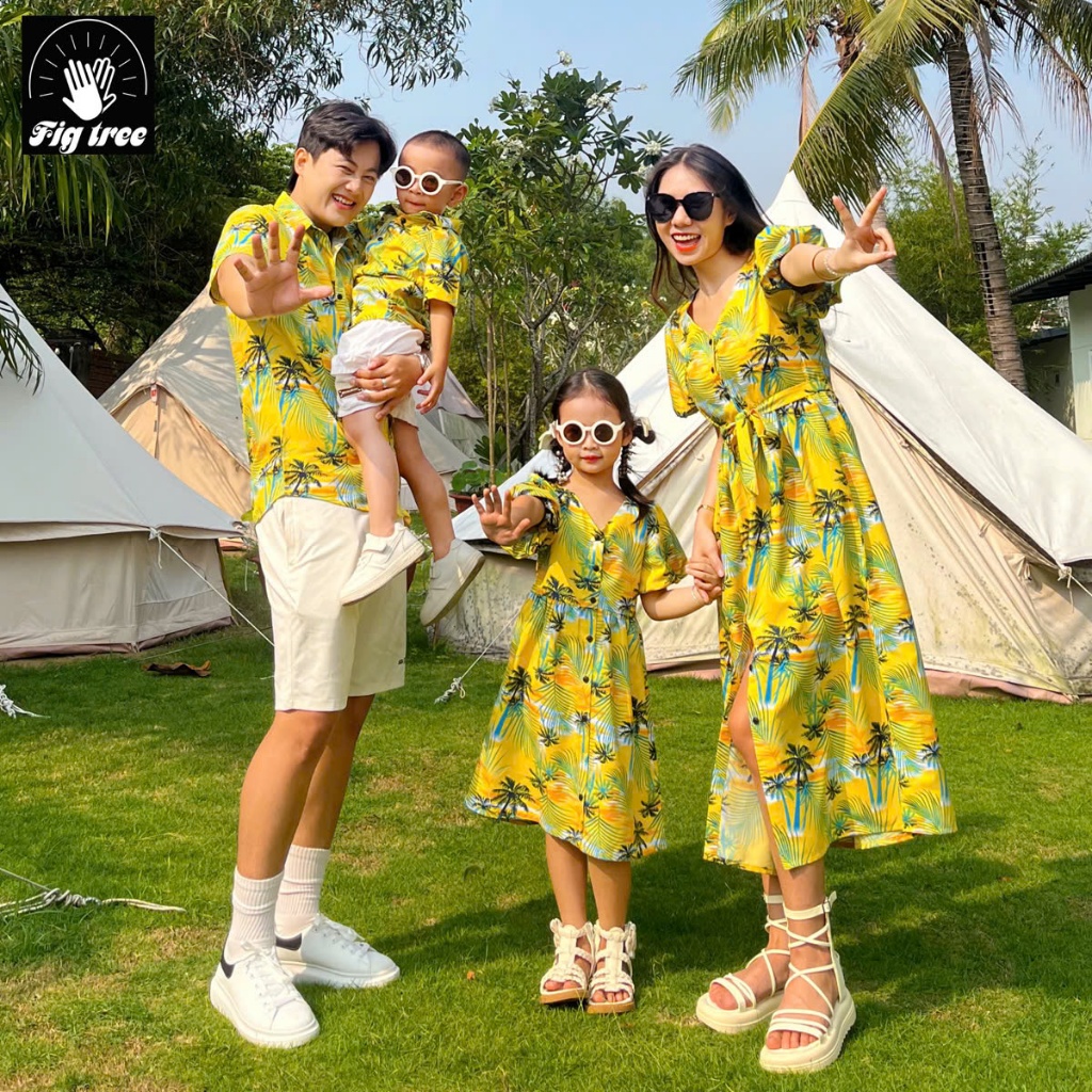Đồng Phục Fig Tree, Mẫu Đồ Gia Đình Đi Biển, Du Lịch Hè 2025, Mẫu mới, Họa Tiết Cây Dừa Vàng MS 193
