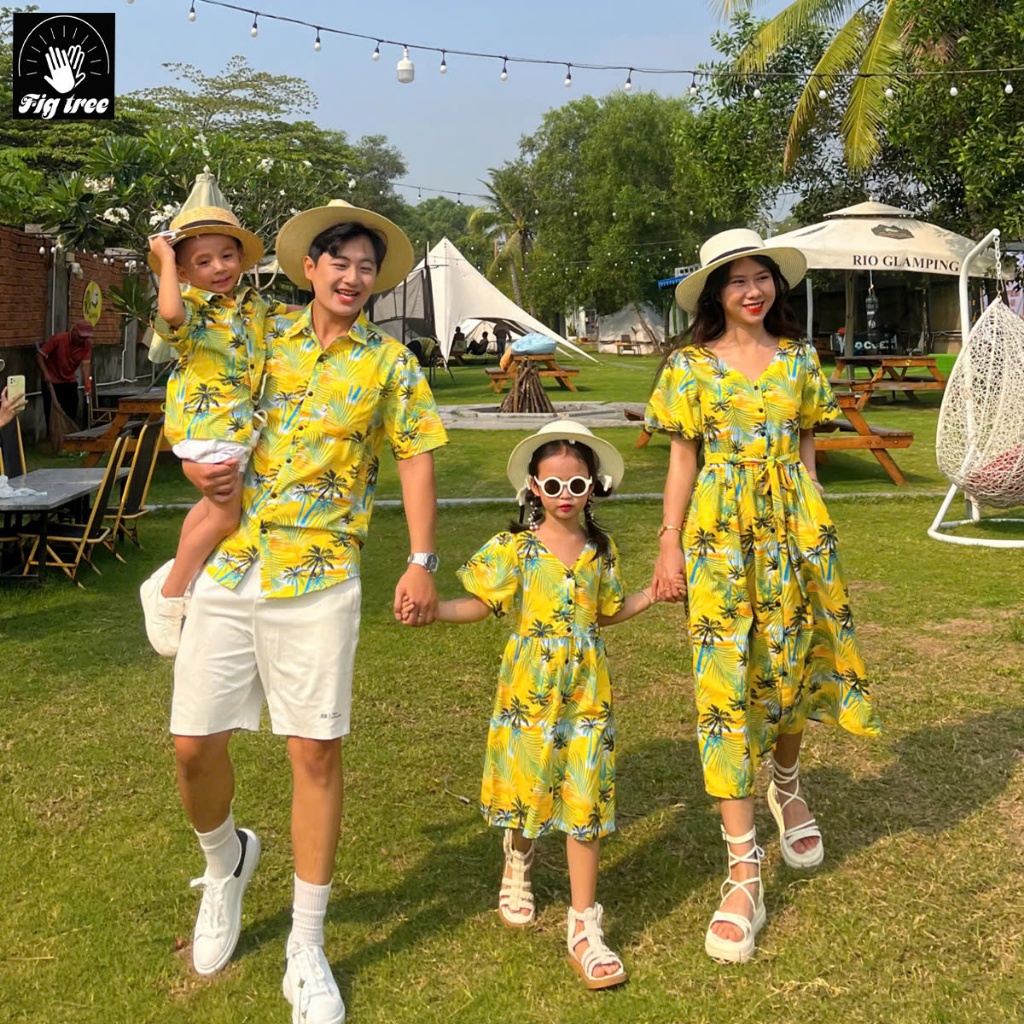 Đồng Phục Fig Tree, Mẫu Đồ Gia Đình Đi Biển, Du Lịch Hè 2025, Mẫu mới, Họa Tiết Cây Dừa Vàng MS 193