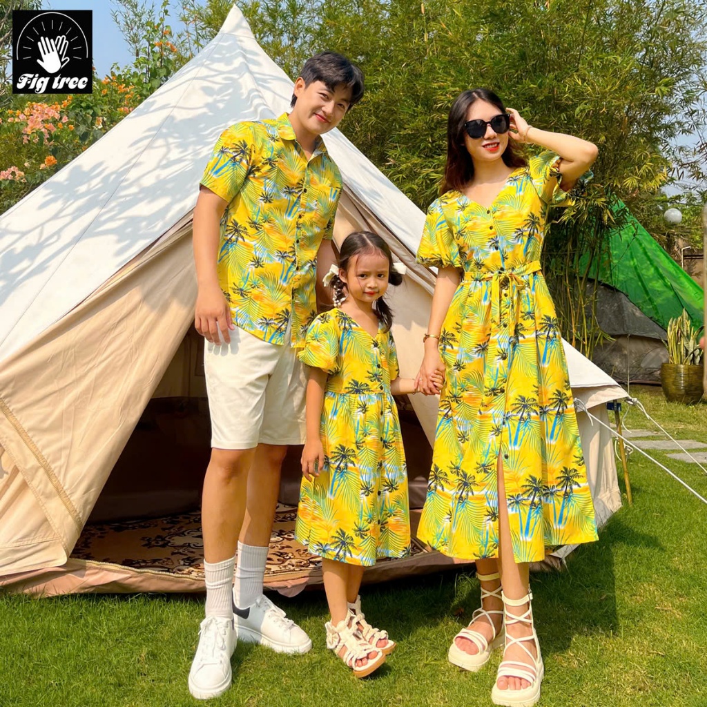 Đồng Phục Fig Tree, Mẫu Đồ Gia Đình Đi Biển, Du Lịch Hè 2025, Mẫu mới, Họa Tiết Cây Dừa Vàng MS 193