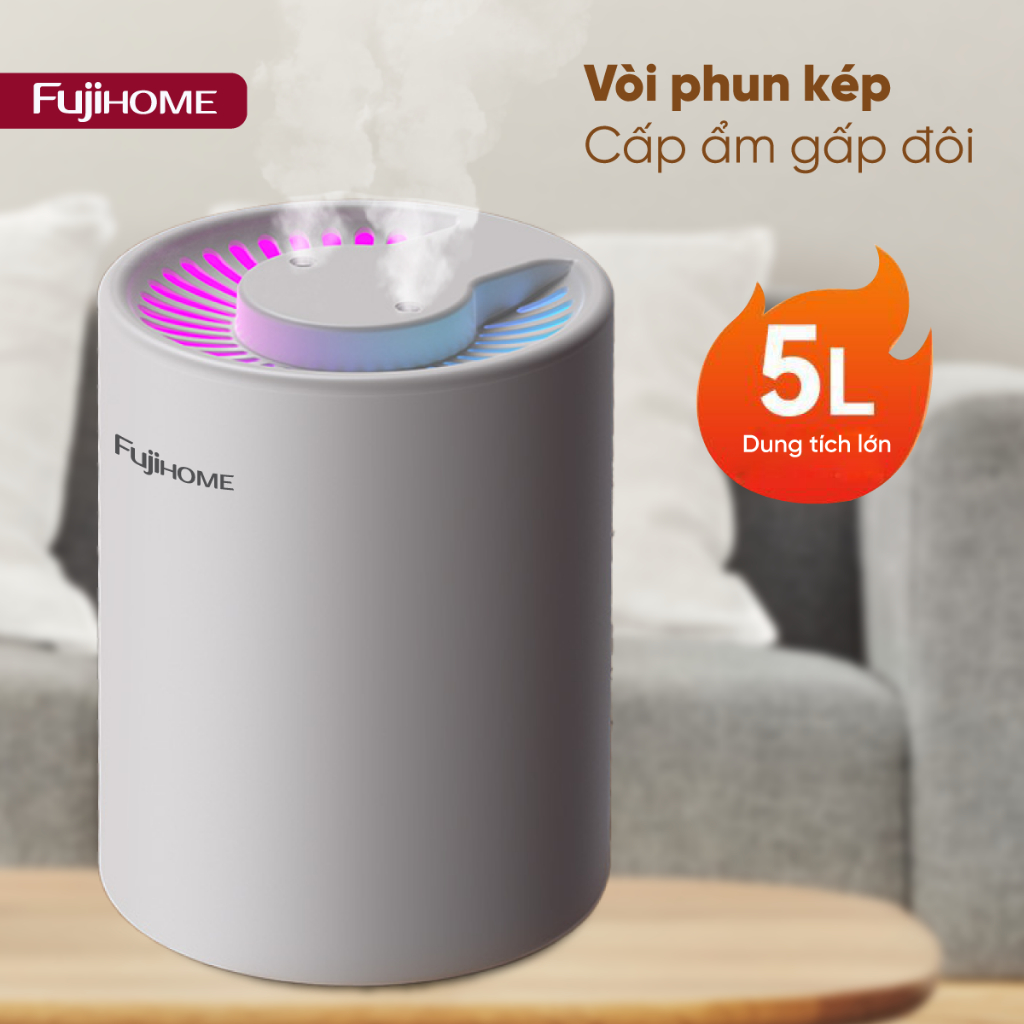 Máy phun sương, tạo ẩm, xông tinh dầu FUJIHOME dung tích lớn 2 vòi phun , tích hợp đèn Led 7 màu