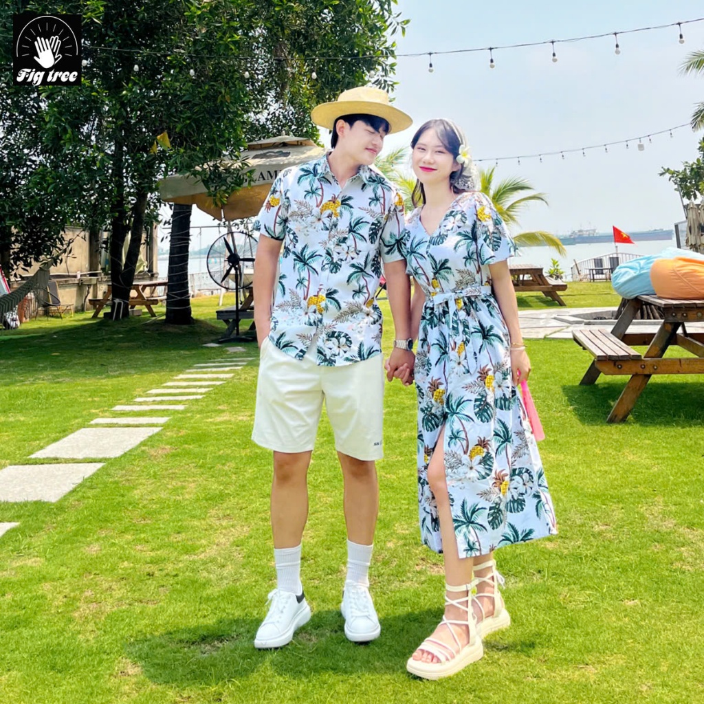 Set Sơ Mi Váy Đôi Fig Tree Họa Tiết Cây Dừa Đi Chơi, Du Lịch Cực Chill ( Hàng thiết kế Mã 181)