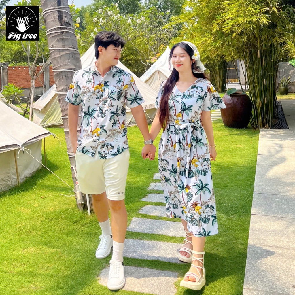 Set Sơ Mi Váy Đôi Fig Tree Họa Tiết Cây Dừa Đi Chơi, Du Lịch Cực Chill ( Hàng thiết kế Mã 181)