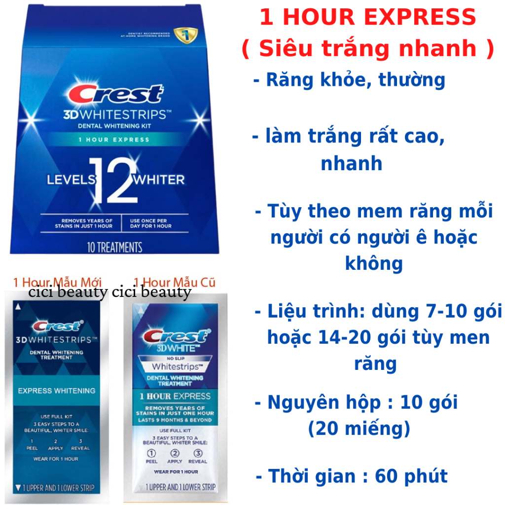 FullBox Hộp 10 Gói Miếng dán trắng răng Crest 3D White 1 Hour Express - Làm trắng răng cấp tốc 1 giờ