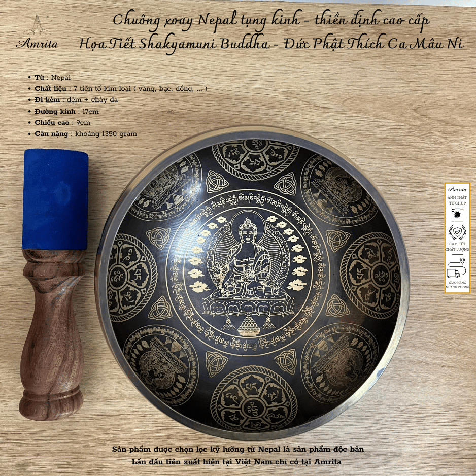 [Chính hãng] Chuông xoay Nepal tụng kinh - thiền định cao cấp Họa Tiết Shakyamuni Buddha-Đức Phật Thích Ca Mâu Ni Amrita