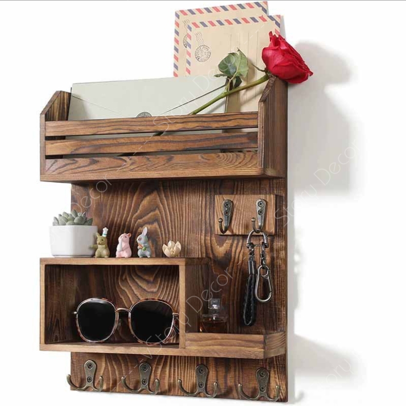 Kệ gỗ màu nâu óc chó để đồ kết hợp móc treo phụ kiện túi xách đa năng