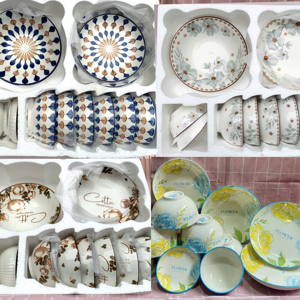 Set Tô Bát Đĩa 12 chi tiết  Họa Tiết 4D Tráng Men Cao Cấp