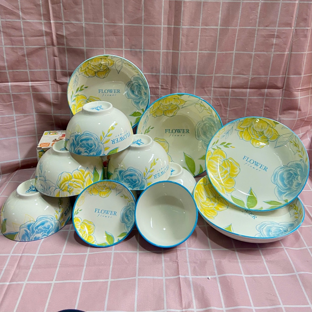 Set Tô Bát Đĩa 12 chi tiết  Họa Tiết 4D Tráng Men Cao Cấp
