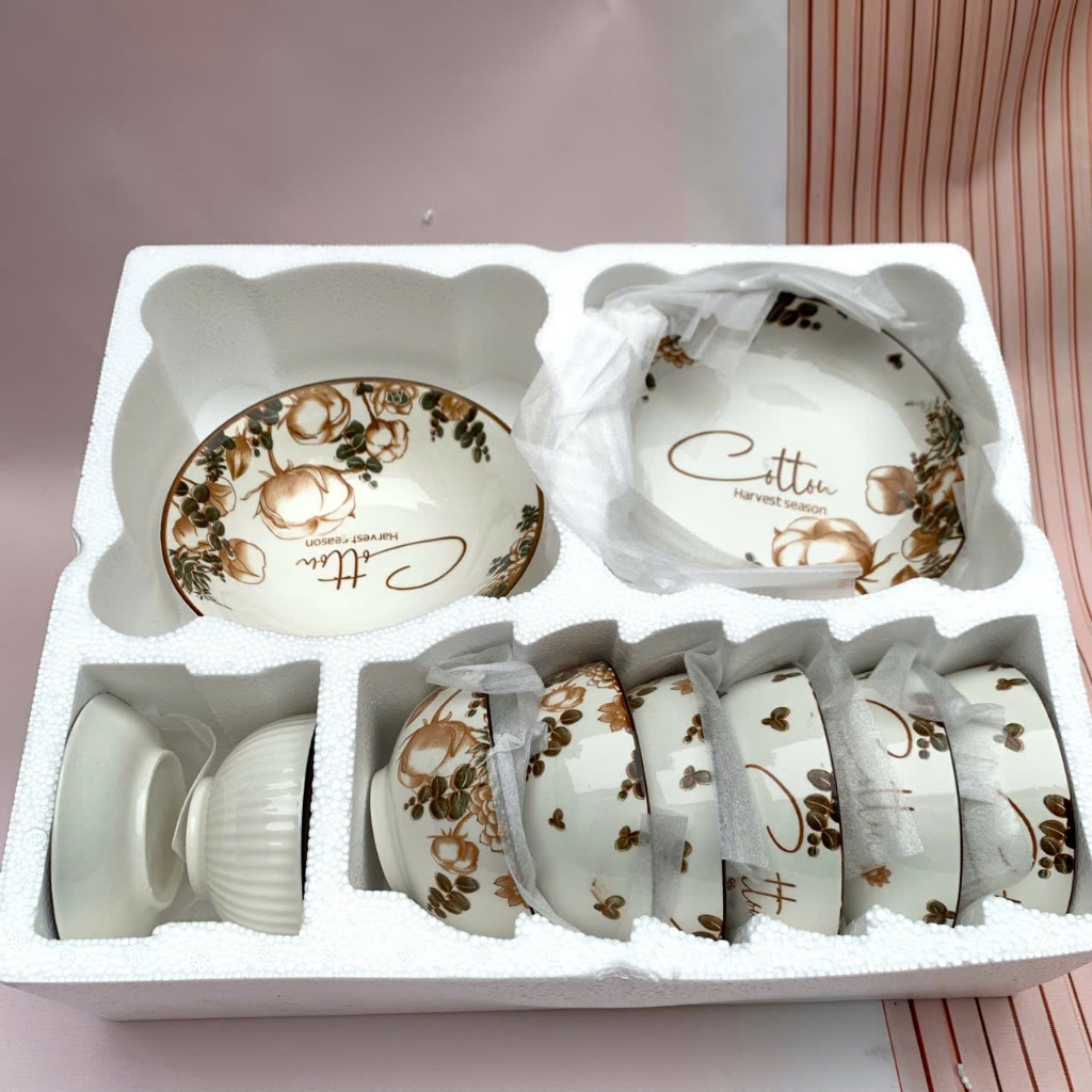 Set Tô Bát Đĩa 12 chi tiết  Họa Tiết 4D Tráng Men Cao Cấp