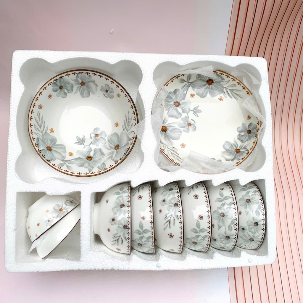 Set Tô Bát Đĩa 12 chi tiết  Họa Tiết 4D Tráng Men Cao Cấp