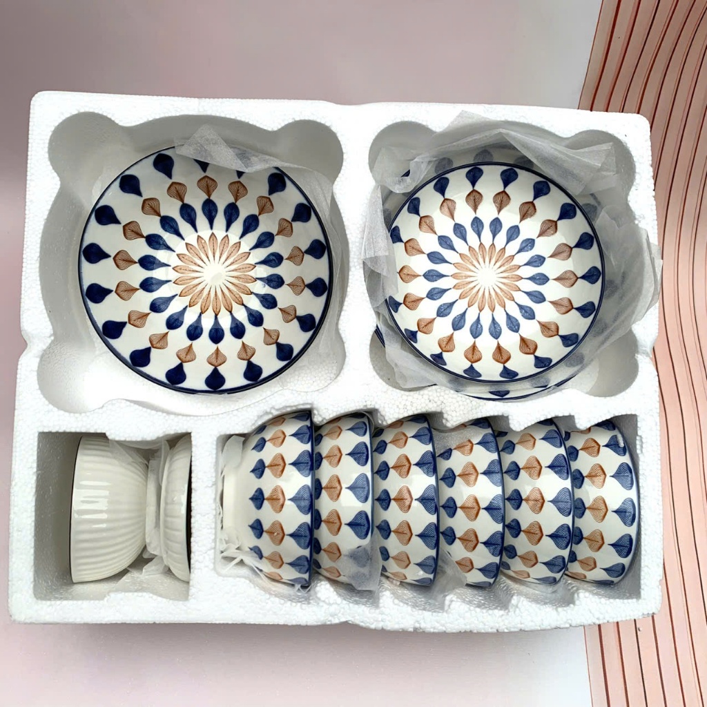 Set Tô Bát Đĩa 12 chi tiết  Họa Tiết 4D Tráng Men Cao Cấp