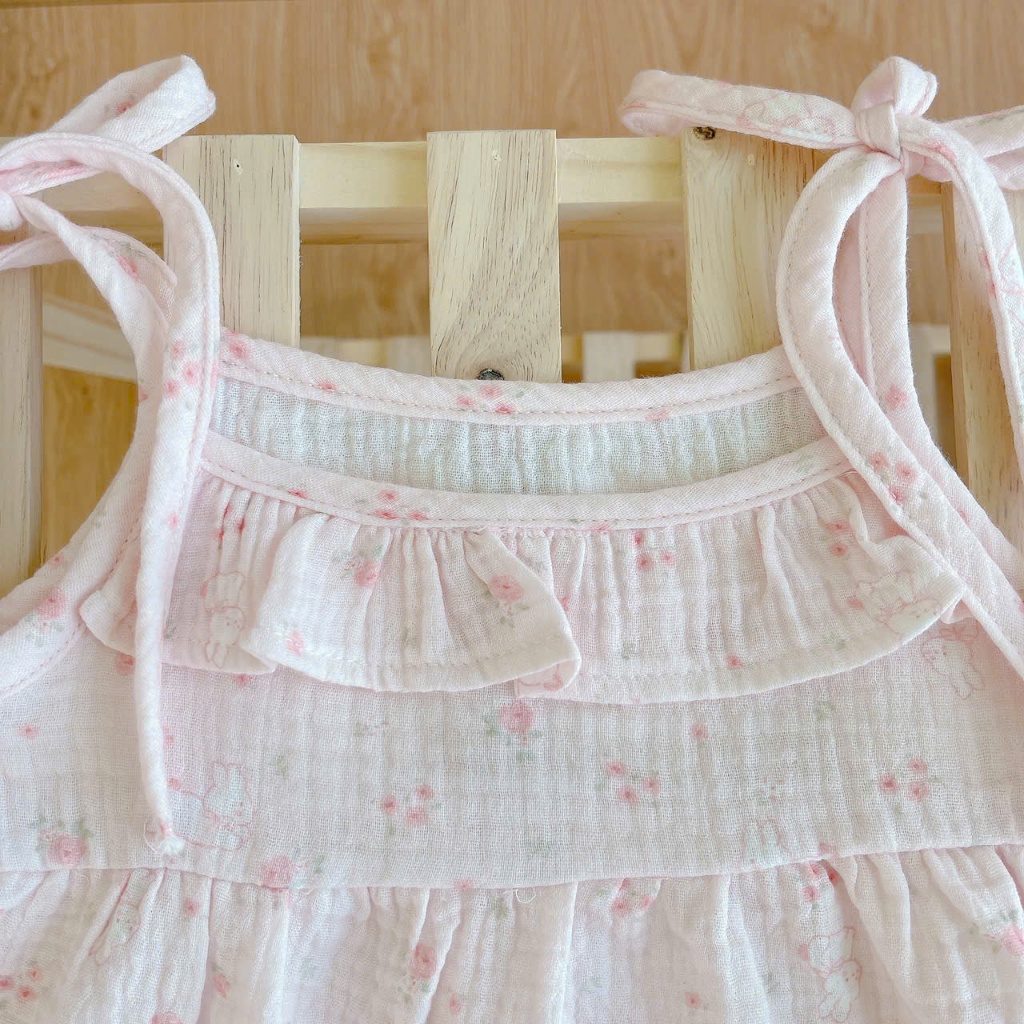 Bộ 2 dây bé gái mặc hè xô muslin Lá Homewear A249, đồ bộ hè bé gái mát mềm babydoll mèo kitty