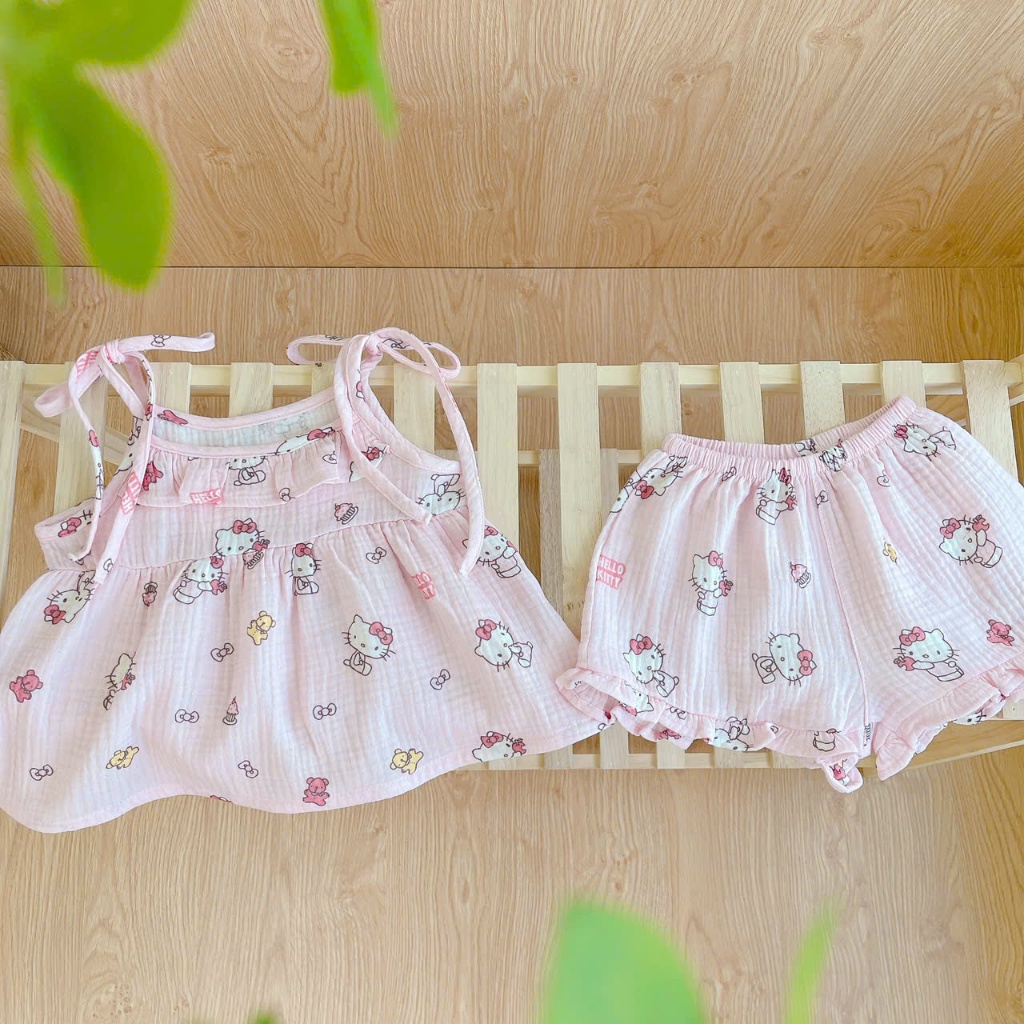 Bộ 2 dây bé gái mặc hè xô muslin Lá Homewear A249, đồ bộ hè bé gái mát mềm babydoll mèo kitty