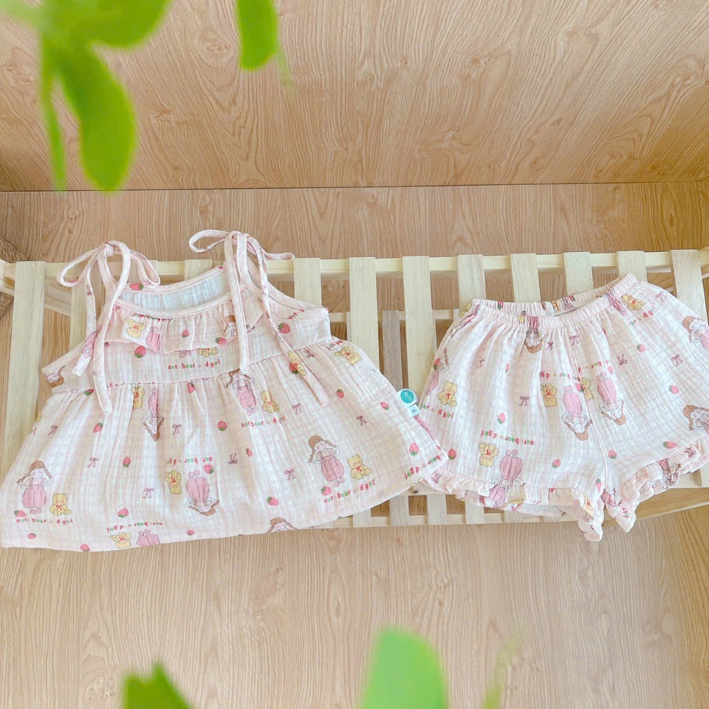 Bộ 2 dây bé gái mặc hè xô muslin Lá Homewear A249, đồ bộ hè bé gái mát mềm babydoll mèo kitty