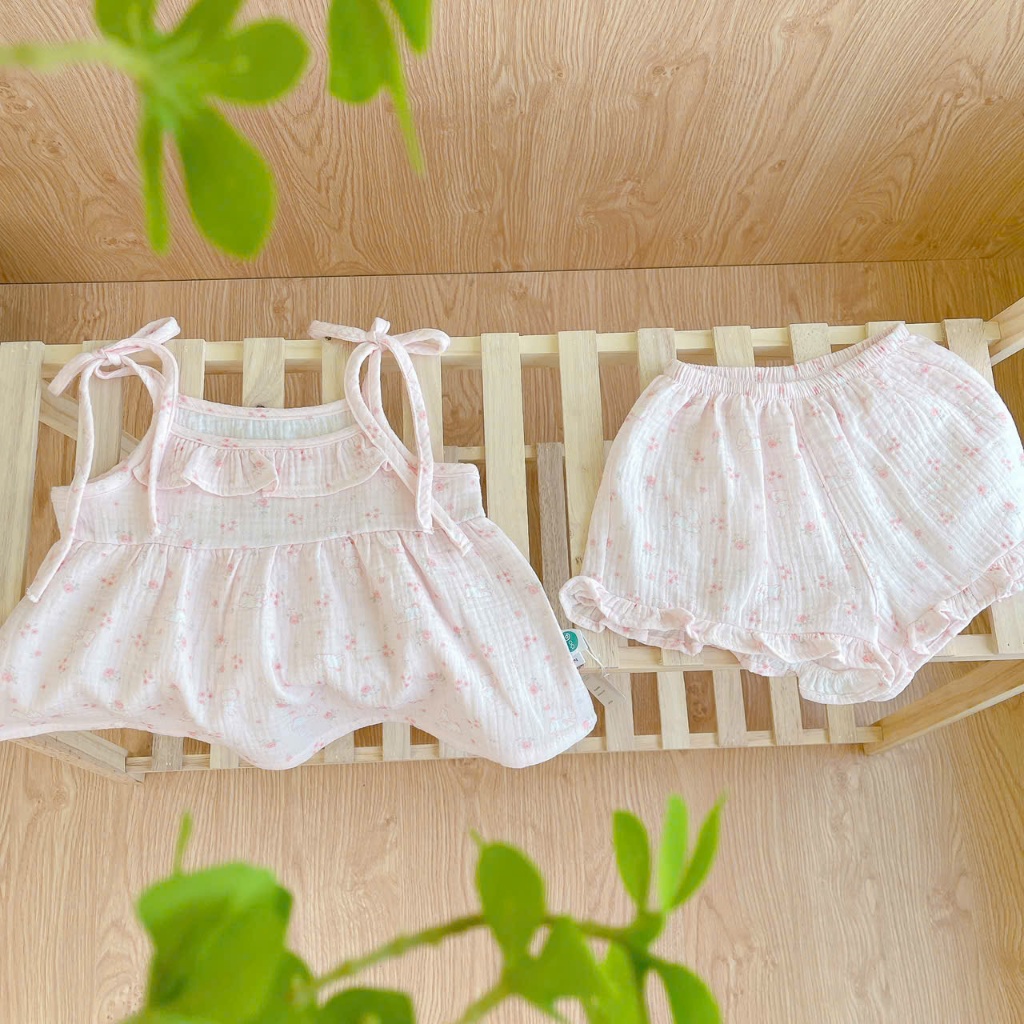 Bộ 2 dây bé gái mặc hè xô muslin Lá Homewear A249, đồ bộ hè bé gái mát mềm babydoll mèo kitty