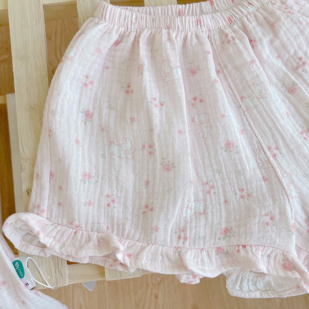 Bộ 2 dây bé gái mặc hè xô muslin Lá Homewear A249, đồ bộ hè bé gái mát mềm babydoll mèo kitty