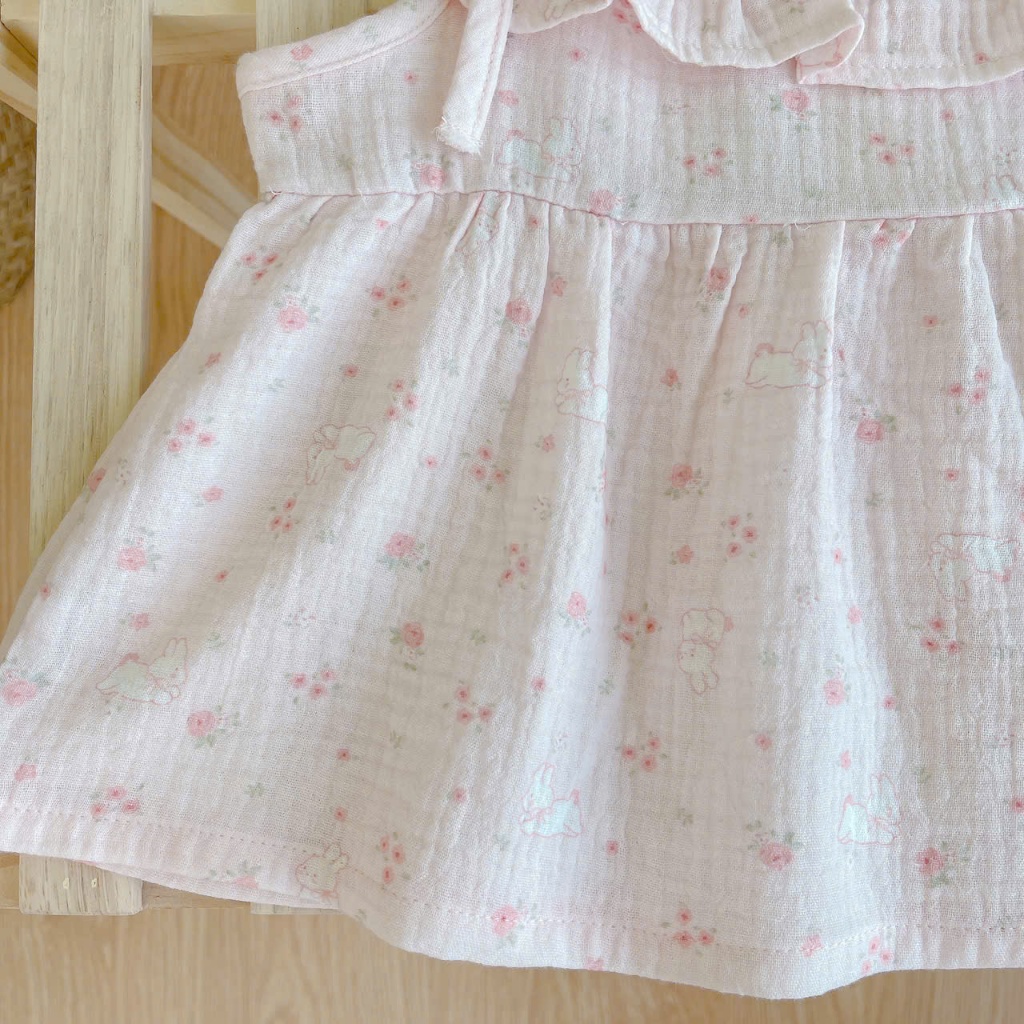 Bộ 2 dây bé gái mặc hè xô muslin Lá Homewear A249, đồ bộ hè bé gái mát mềm babydoll mèo kitty