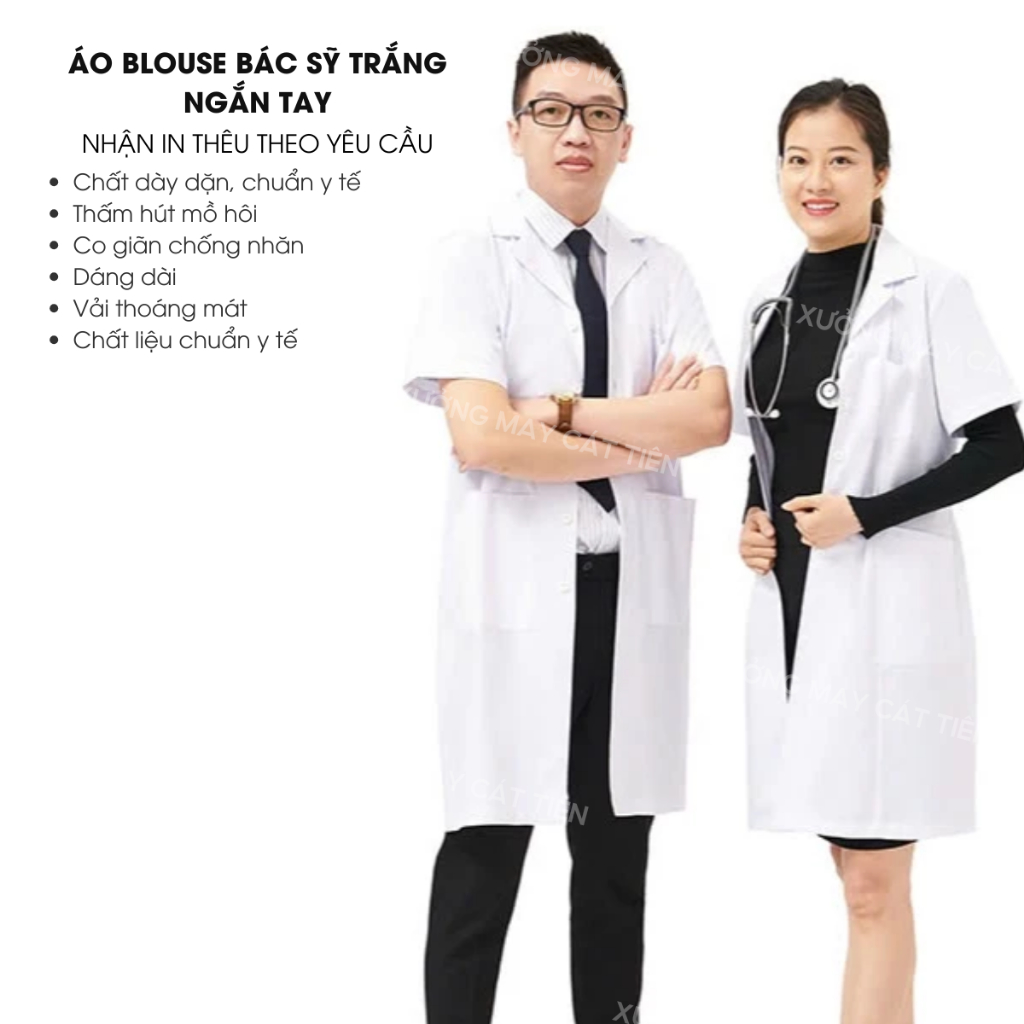 Áo Blouse Bác Sỹ Ngắn Tay Cao Cấp, Chất Liệu Cotton Lạnh, Co Giãn 4 Chiều - Dáng Dài Nam/Nữ