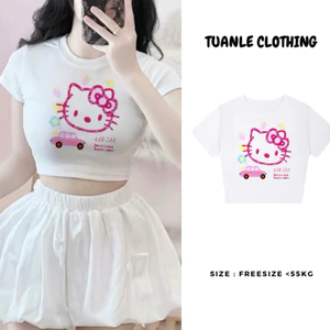 Áo Thun Croptop Nữ Cổ Tròn Tay Ngắn In Hình Kitty Dáng Ngắn Màu Trắng Phong Cách Dễ Thương