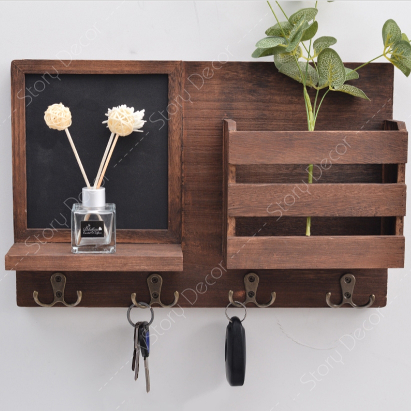 Kệ gỗ treo tường màu nâu óc chó kèm móc treo phụ kiện, túi xách đa năng, kèm bảng ghi chú
