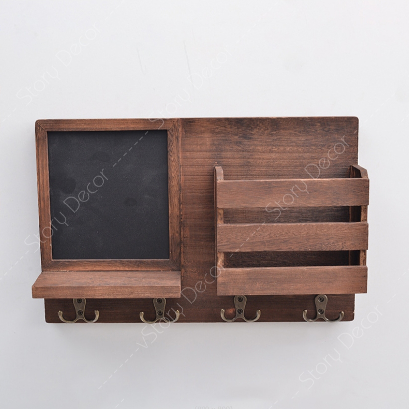 Kệ gỗ treo tường màu nâu óc chó kèm móc treo phụ kiện, túi xách đa năng, kèm bảng ghi chú