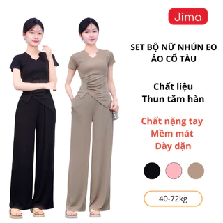 Set bộ nữ JIMA cổ V tàu nhún eo che bụng mặc nhà vải thun nặng tay thoáng TK118