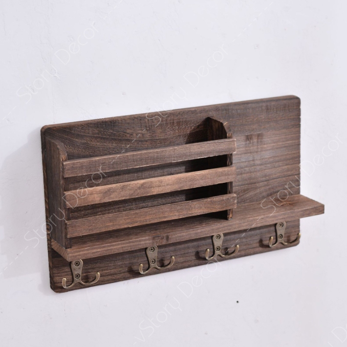 Kệ gỗ treo tường màu nâu decor trang trí đa năng kèm móc treo phụ kiện