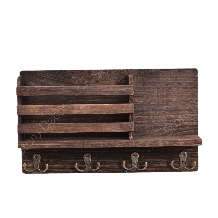 Kệ gỗ treo tường màu nâu decor trang trí đa năng kèm móc treo phụ kiện