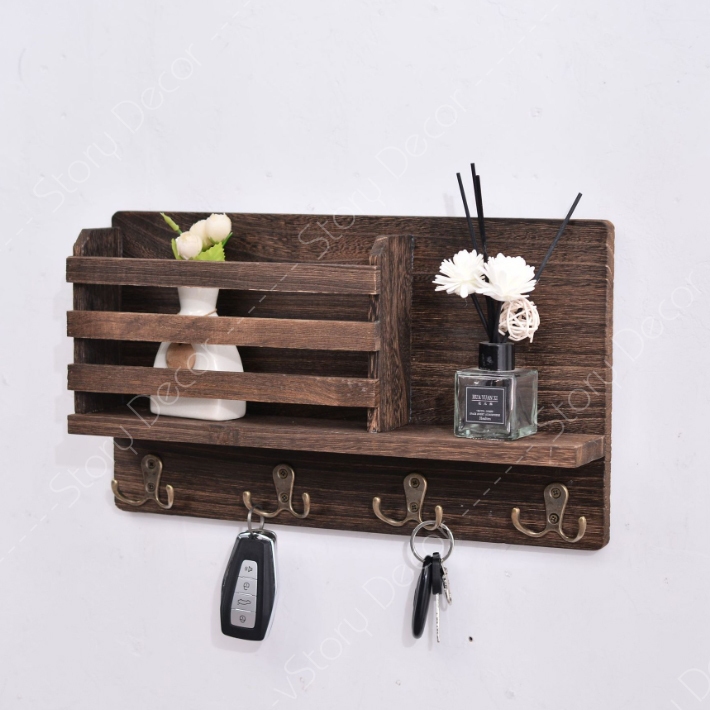 Kệ gỗ treo tường màu nâu decor trang trí đa năng kèm móc treo phụ kiện