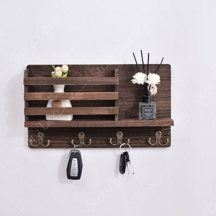 Kệ gỗ treo tường màu nâu decor trang trí đa năng kèm móc treo phụ kiện