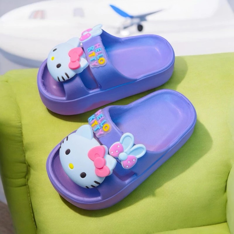 Dép bánh mì hai quai cho bé gái đế cao 3 phân hình mèo kitty nơ siêu nhẹ êm chân