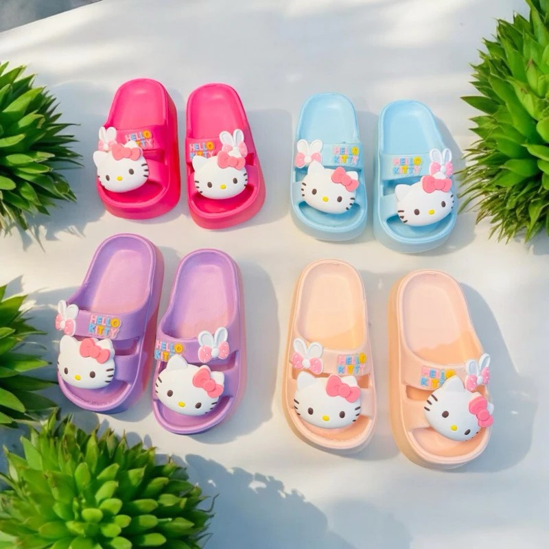 Dép bánh mì hai quai cho bé gái đế cao 3 phân hình mèo kitty nơ siêu nhẹ êm chân