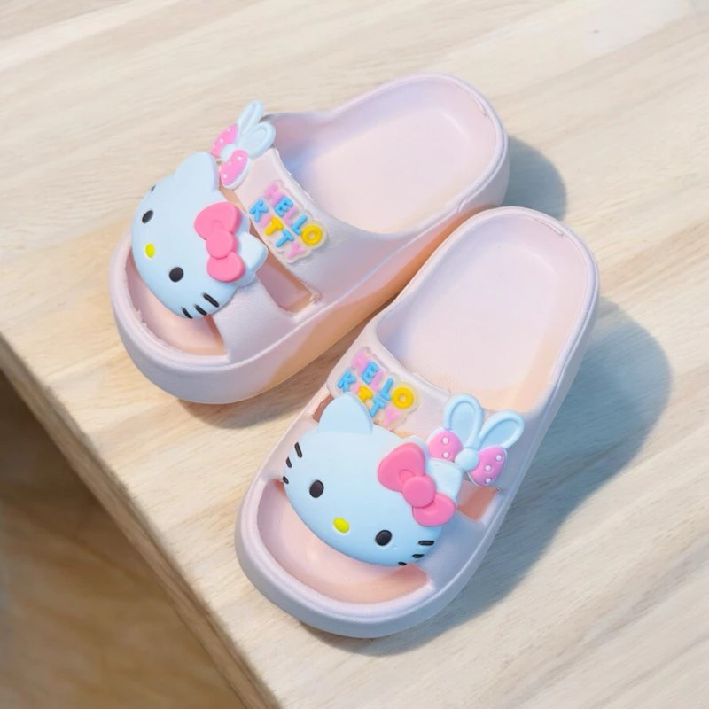 Dép bánh mì hai quai cho bé gái đế cao 3 phân hình mèo kitty nơ siêu nhẹ êm chân
