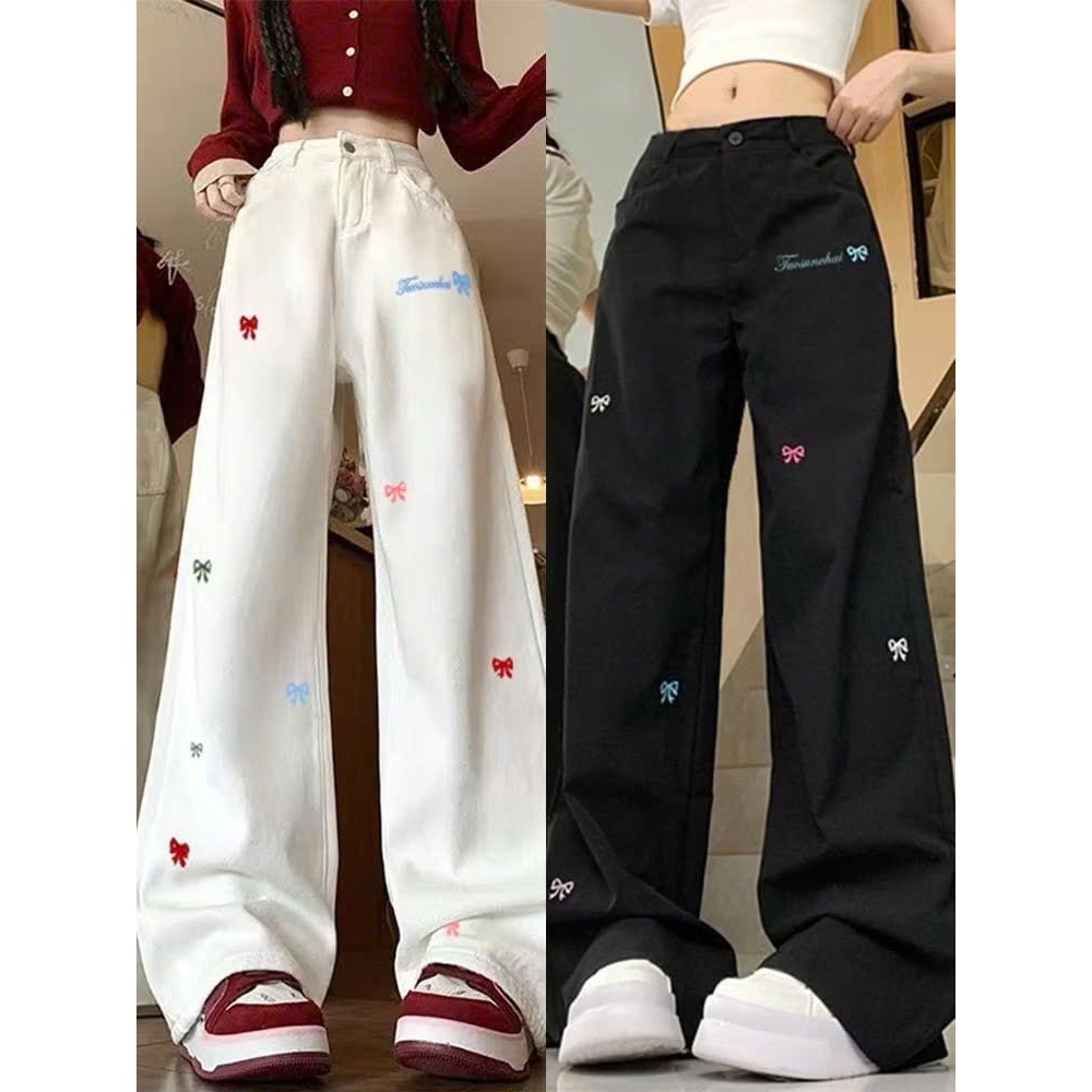 Quần Dài Ống Rộng Thêu Kaki Bigsize Nữ,Quần Suông Mềm Mại Kiểu Thêu Nơ Xinh Xắn Cho Nữ Q543