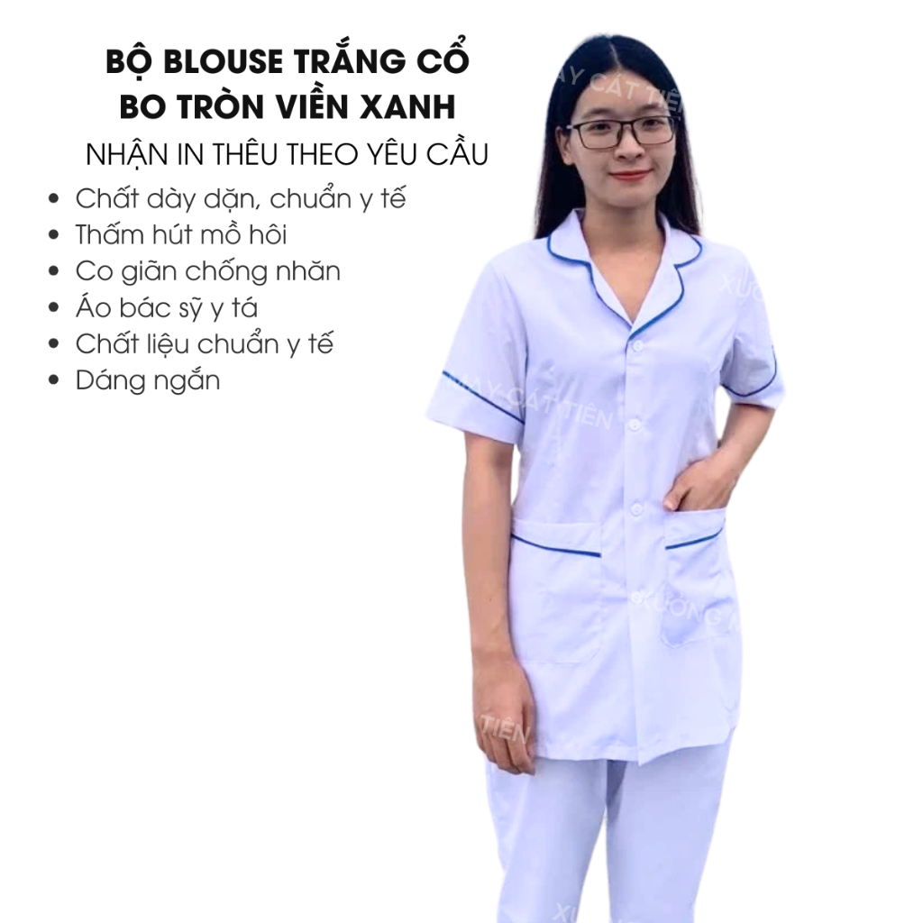 Bộ Blouse trắng cổ bo tròn viền xanh dáng ngắn, chất liệu lon Nhật cao cấp, thiết kế túi tiện lợi