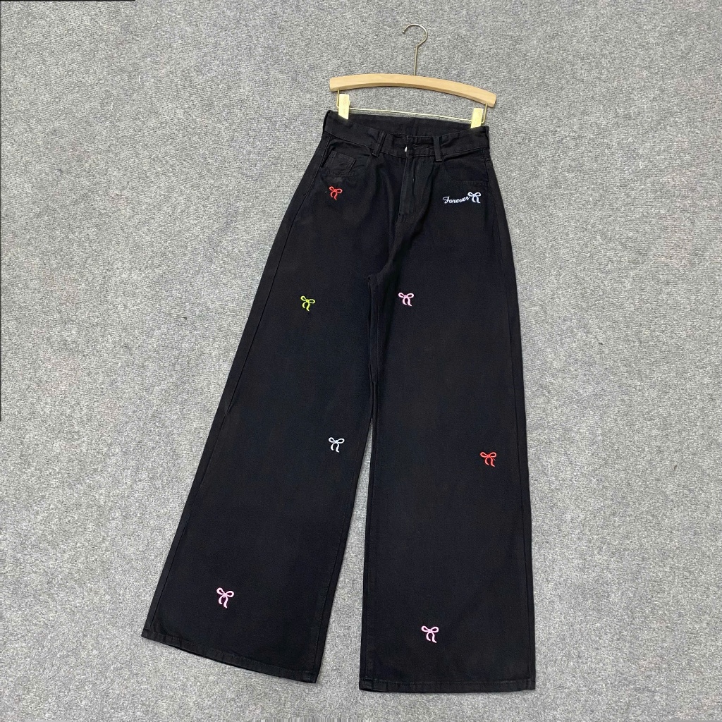 Ảnh Quần Kaki Thêu Nơ Bigsize Nữ Dáng Suông Ống Rộng Cá Tính Lưng Cao Hottrend Cho Chubby Q543 3