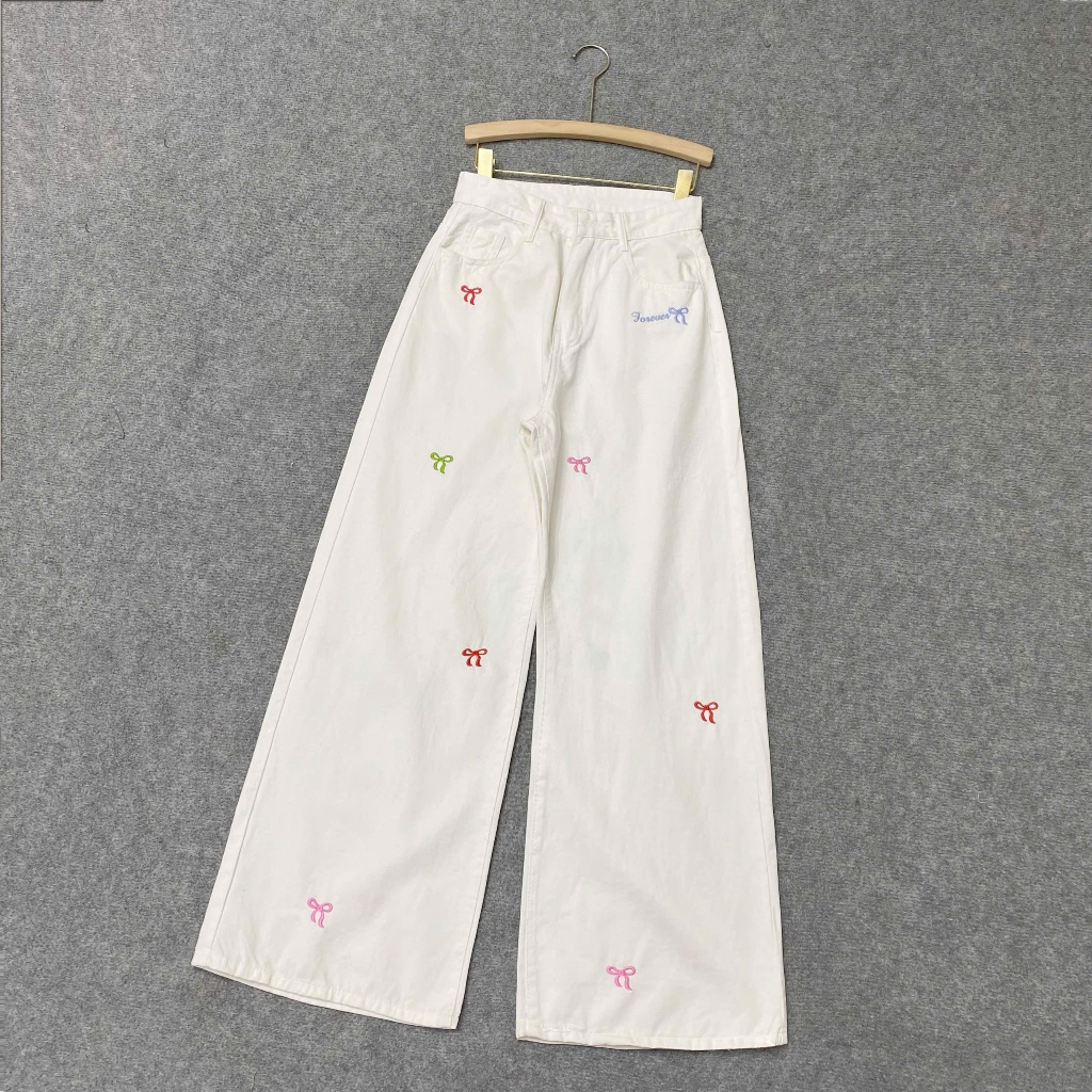 Ảnh Quần Kaki Thêu Nơ Bigsize Nữ Dáng Suông Ống Rộng Cá Tính Lưng Cao Hottrend Cho Chubby Q543 2