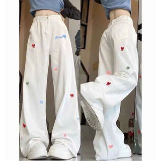 Quần Jean nữ bigsize cạp cao ống suông tôn dáng che khuyết điểm thêu nơ hottrend mặc thoải cho chuppy - Q543