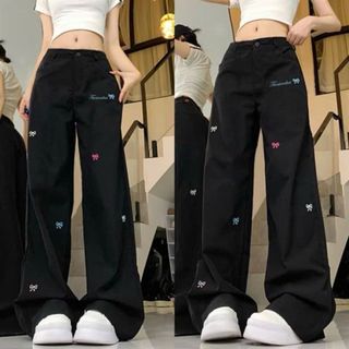 Quần Jean nữ bigsize cạp cao ống suông tôn dáng che khuyết điểm thêu nơ hottrend mặc thoải cho chuppy - Q543